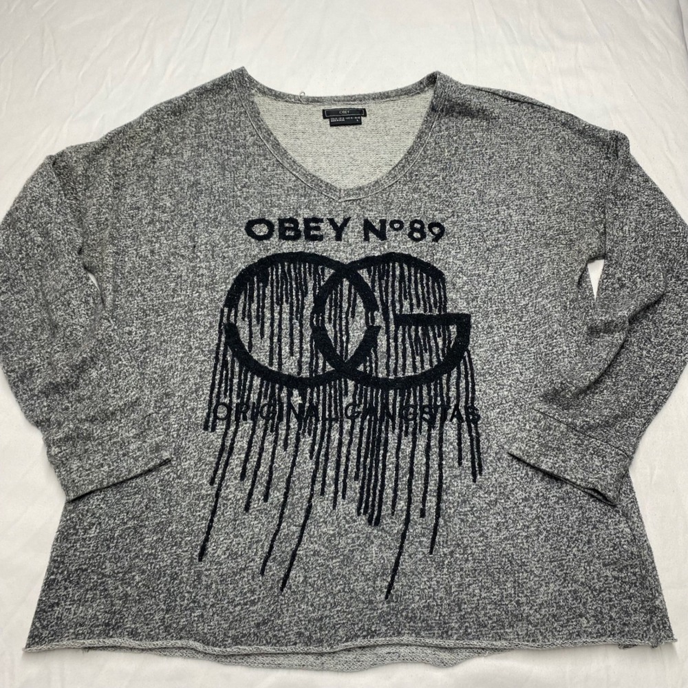 Obey No 89 Original Gangstas Grey Marl V-Neck Graphic Sweatshirt Large